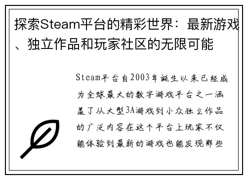 探索Steam平台的精彩世界：最新游戏、独立作品和玩家社区的无限可能