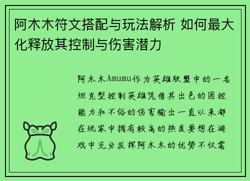 阿木木符文搭配与玩法解析 如何最大化释放其控制与伤害潜力