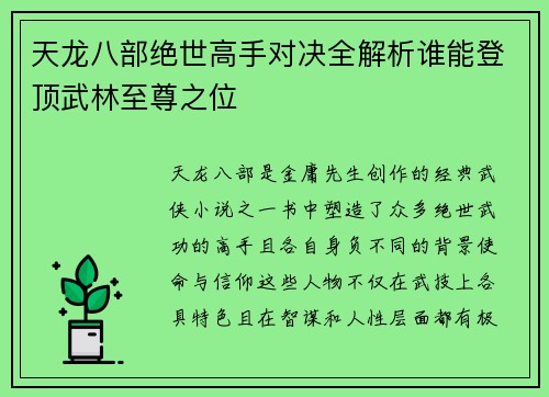 天龙八部绝世高手对决全解析谁能登顶武林至尊之位